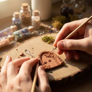 Hands resting ona table holding clay crafting tools, making a fairy house door from clay, various objects are also on the table, including bottles of liquid and glitter, the lighting is soft and gentle