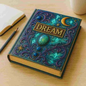 A blue covered book resting on a tabletop, a pen and open notebook nearby. The blue book has a richly textured finish with magical elements. the word 'dream' stand in gold letters on the cover, implying this is a dream journal