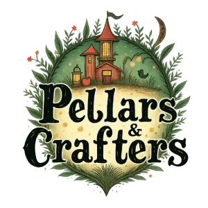 Logo for Pellars and Crafters. Words, Pellars and Crafters i black, crafted letters, superimposed on a natural crafted wreath, with a painted fairy-tale castle in background