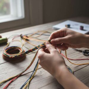 Hands platting coloured string into a braid. The seperate yarns are ona tabletop, hand resting on tabletop as they plat the braid. Craft activity.