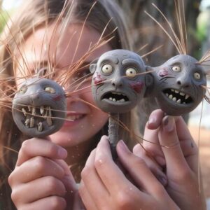 Clay monster heads on sticks, wit menacing eyes, stick and grass hair, and stick teeth.