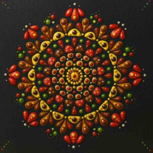 A dot-painted mandala on a black background. Orange and yellow dots in a concentric circles